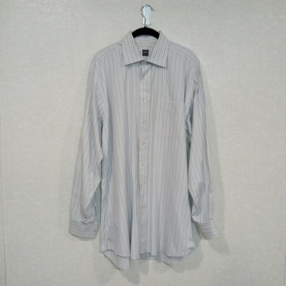 Ike Behar New York Dress Shirt Mens 16.5 X 36 Blue Gold Striped Perfect Cond.